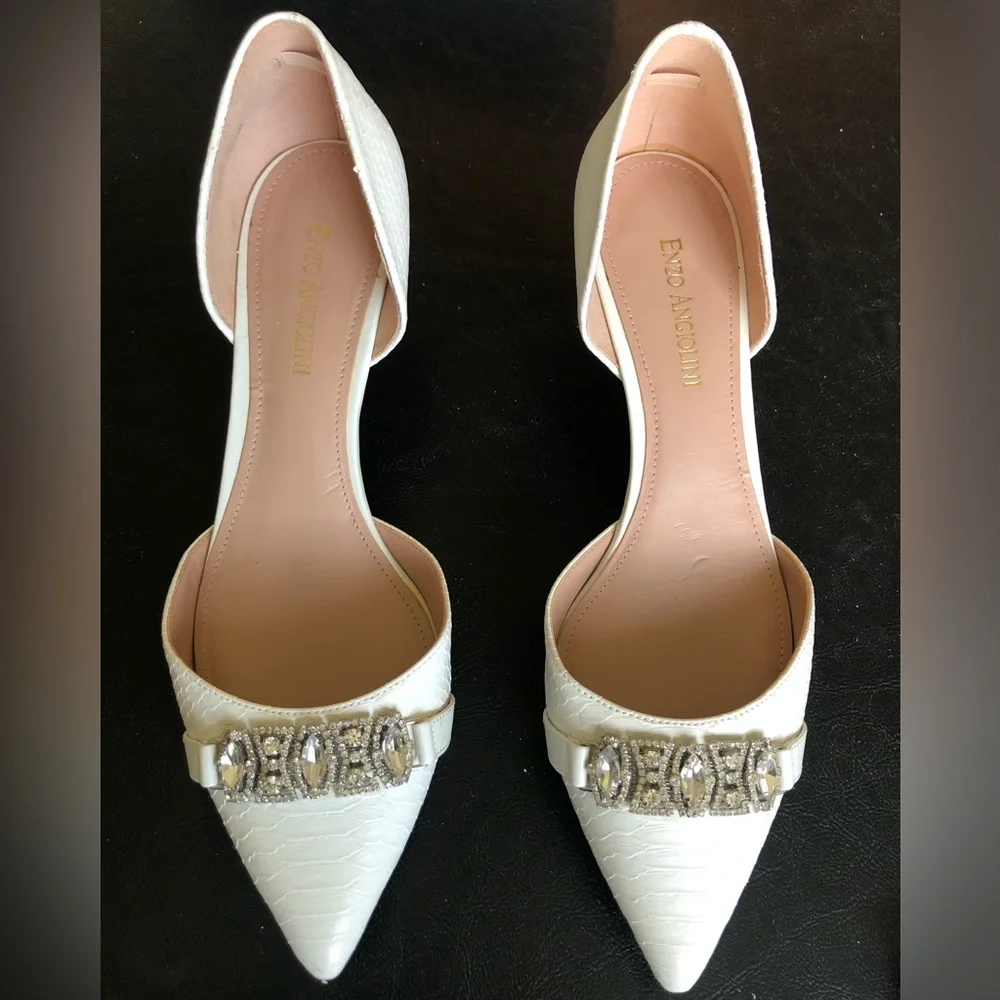 Enzo Angiolini White Pointed D'Orsay Heels with Crystal Buckle.  Eagabella.